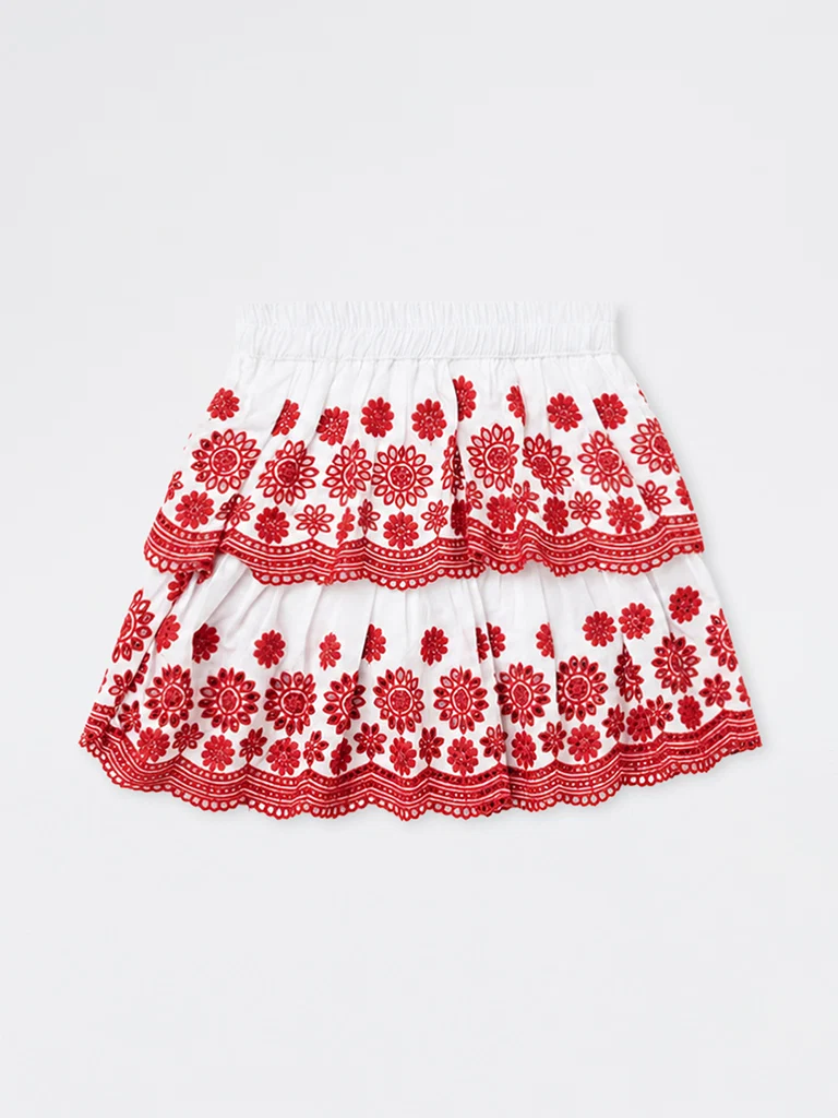 Kids Girls White Floral Embroidered Cotton Tiered Skirt - (2 - 8 yrs)